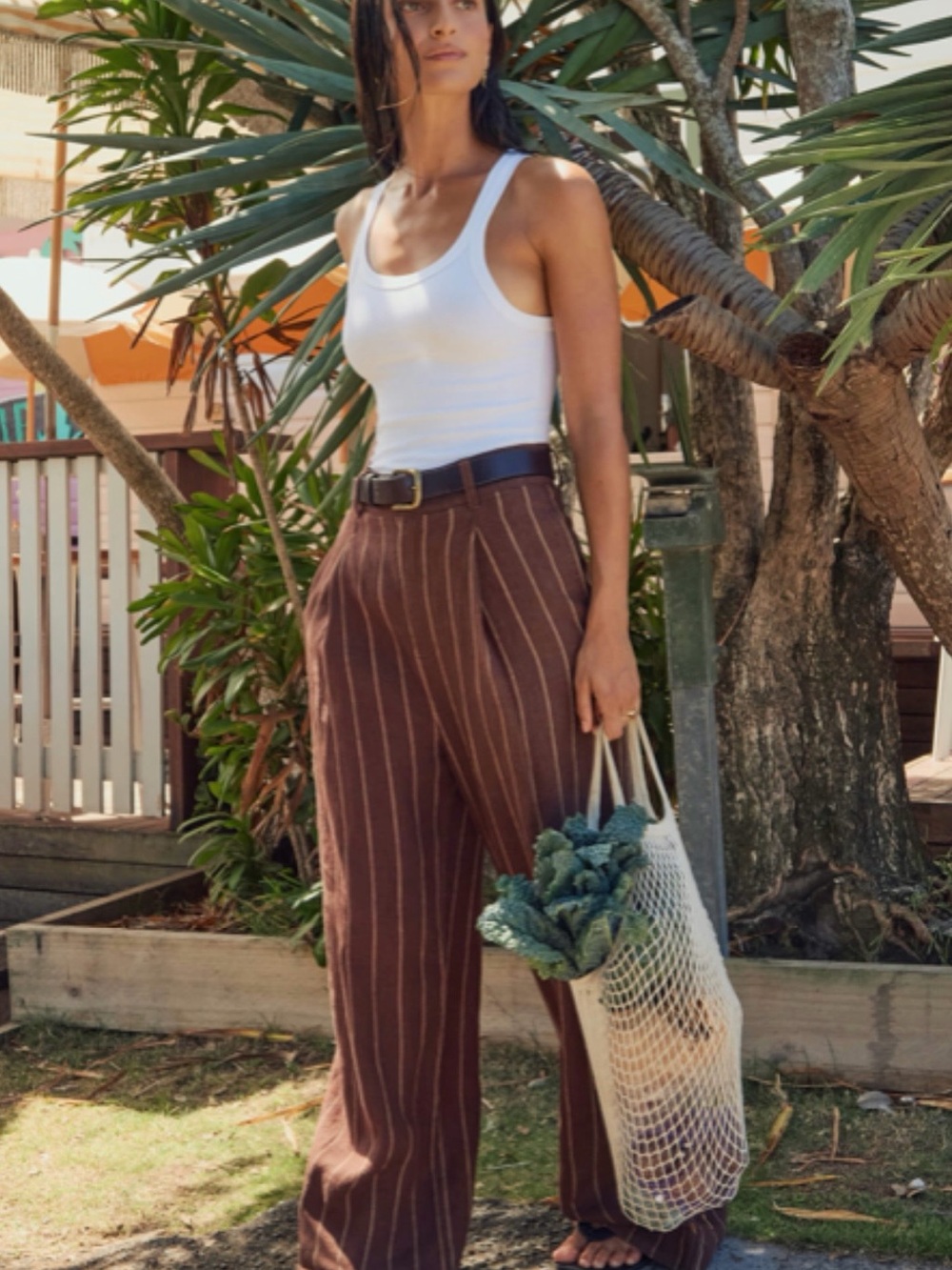 Faherty Brown Pinstripe Wide-Leg Trousers